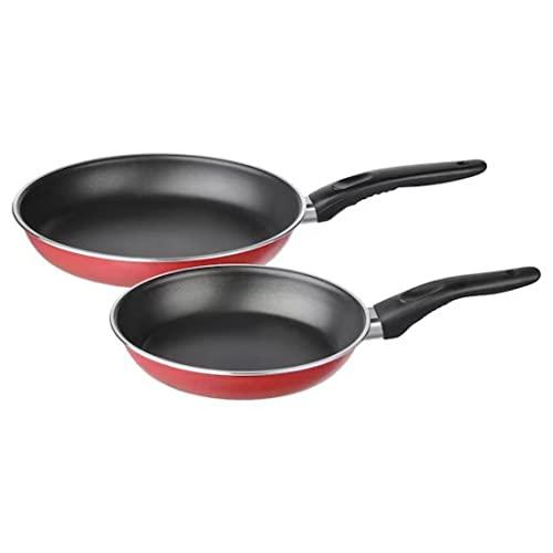 IKEA Non-Stick Frying Pan Set with Cork Trivets and Cleaning Brush, Red and Black, 2 Pans, 2 Hot Pads, Kitchen Cookware Bundle