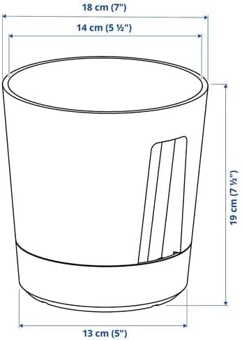 IKEA VÅRDTRÄD plant pot diagram—shows container dimensions with 19 cm height, 18 cm top diameter, and 13 cm bottom diameter; inner diameter marked as 14 cm, ideal for fitting standard plant sizes – 80570869.