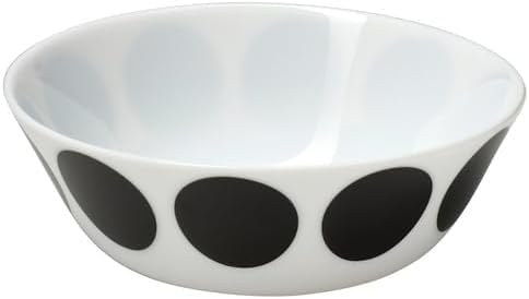 IKEA OFTAST bowl in white featuring a subtle black dot pattern encircling the outer rim—measures 15 cm (6") in diameter; crafted from tempered glass, offering durability and scratch resistance while maintaining a lightweight design. Sleek monochrome styling complements modern and minimal kitchen aesthetics –10608267