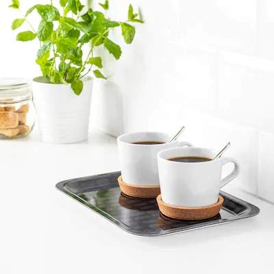 IKEA Tray, black/grey, 28x20 cm with 100 pack of napkin, white & Coffee cup and saucer, white, 20 cl