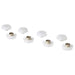 Set of white cabinet knobs with metal inserts on a white background
