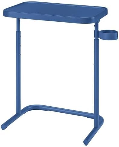 IKEA BJÖRKÅSEN laptop stand in blue—features a minimalist rectangular tabletop with rounded edges, supported by slim crossed metal legs forming a stable base; right-hand side includes an integrated circular cup holder; lightweight and foldable design ideal for flexible laptop use in bed, on the couch, or as a compact workspace – 90607358.