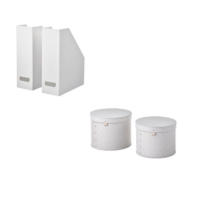 IKEA FJÄDERHARV Magazine file, white with Storage box with lid, set of 2, beige