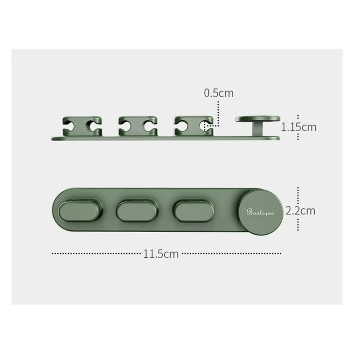 Green metal hooks with measurements on a white background