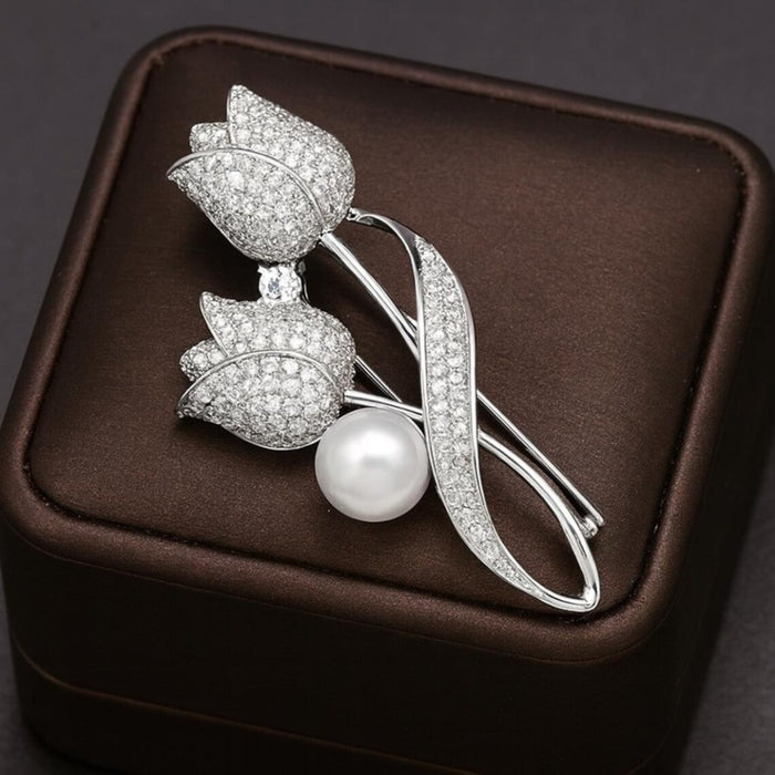 Digital Shoppy Silver Tulip Brooch – Micro-Inlaid Zircon, Elegant & High-End Design