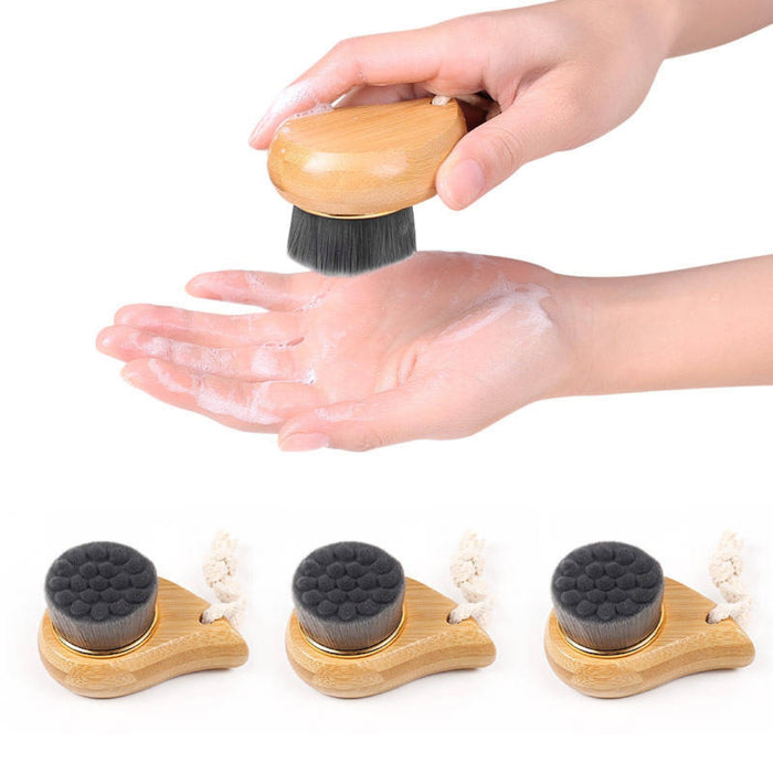 bamboo handle facial brush close‑up showing dense gray bristles
