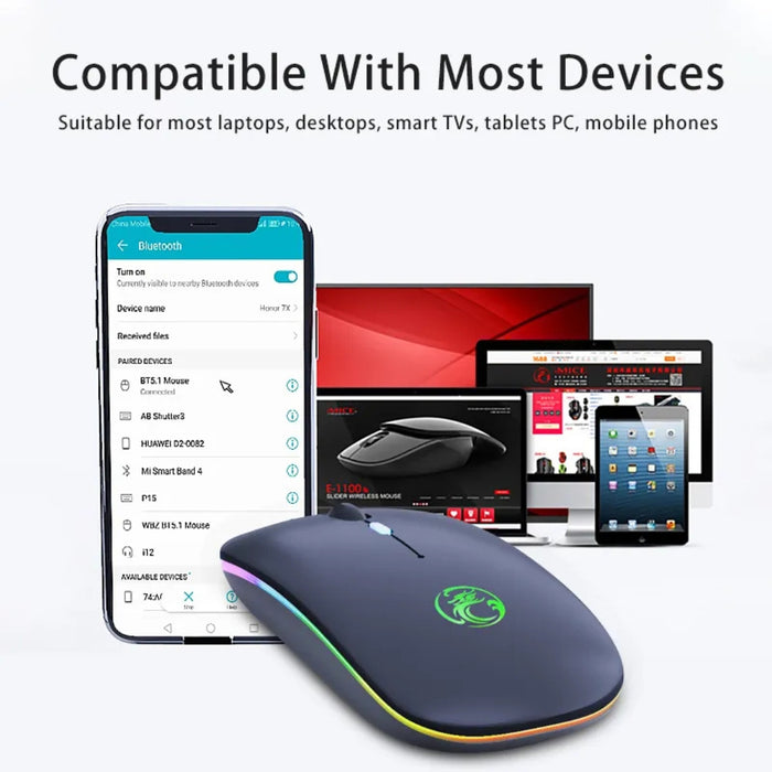 Wireless mouse with smartphone app interface and multiple device screens on a white background