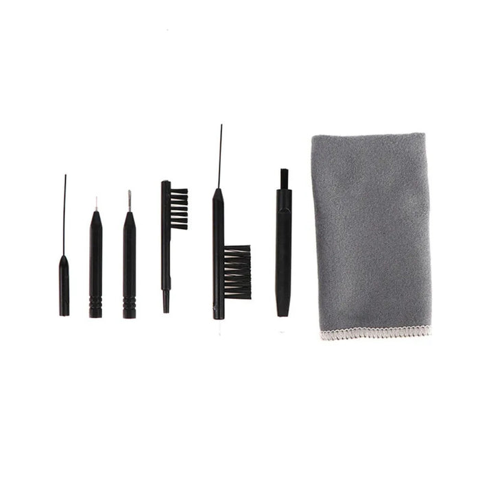 Multi-tool cleaning kit with wire picks, dual-sided brushes, microfiber cloth, and pen-style applicator for detailed care