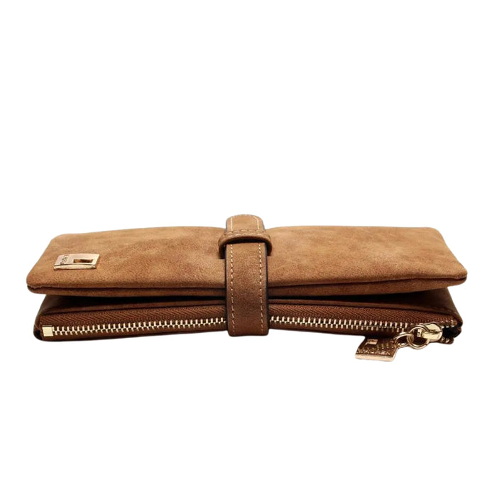 Coffee matte leather clutch wallet with gold-tone zipper and metal plate – soft textured finish with strap closure – 411355 13972034
