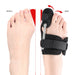 Infographic illustrating the "Before and After" effects of using the toe splint to correct hallux valgus and bunion deformities.