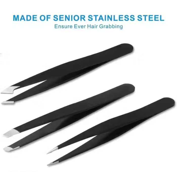 Three black stainless steel tweezers with labeled tips – slanted, pointed, and flat designs for accurate hair removal – 1600002596426 13958911
