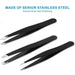 Three black stainless steel tweezers with labeled tips – slanted, pointed, and flat designs for accurate hair removal – 1600002596426 13958911