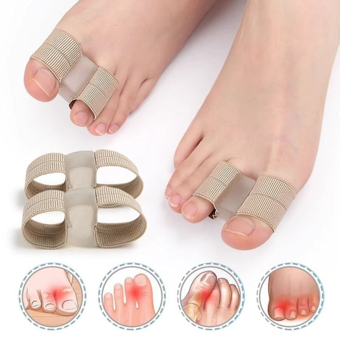 Close-up of silicone elastic breathable split toe artifact designed for foot alignment and relief. Features soft, flexible loops and an open design for comfort and stability.