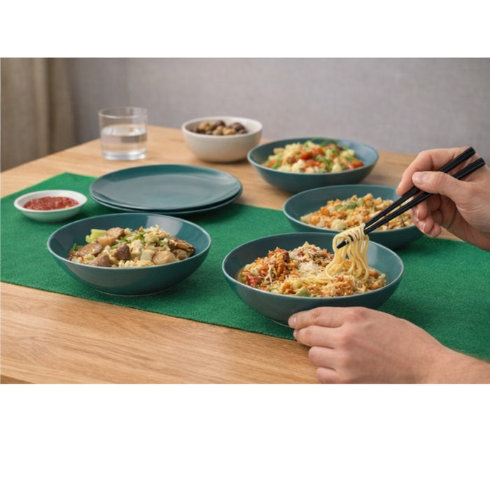 IKEA Dining Set: 4-Pack Glossy Dark Turquoise Plates, SNÖKRABBA Napkins & Dark Green Table Runner