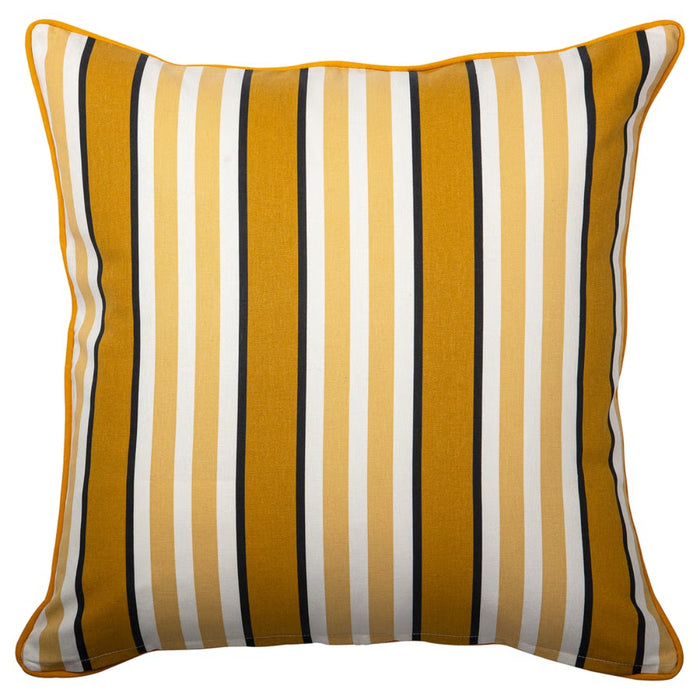 Striped pillow with yellow, white, and black pattern on a white background