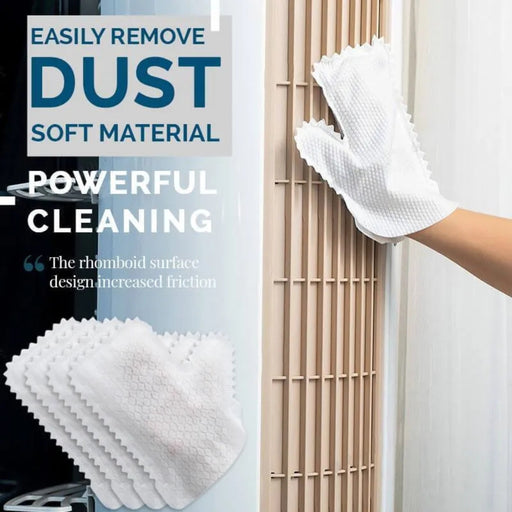 Electrostatic dust removal gloves trapping dust, dirt, and hair on furniture surfaces