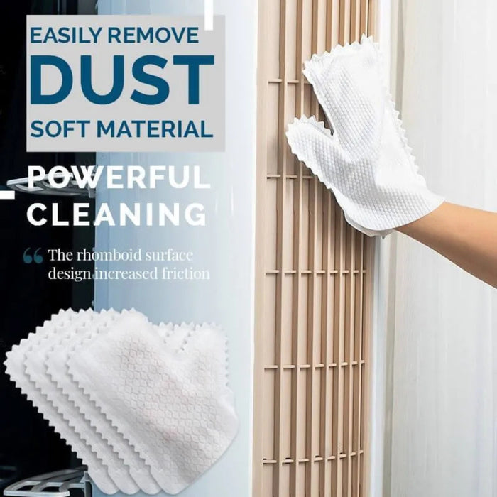 Electrostatic dust removal gloves trapping dust, dirt, and hair on furniture surfaces