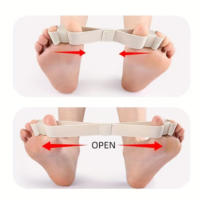  elastic toe band pulling big toes inward for bunion therapy