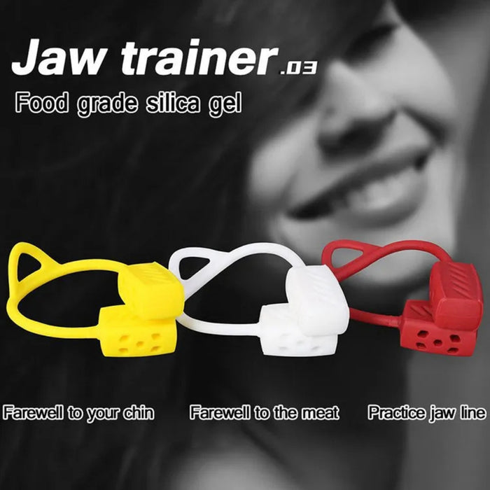 Three jaw trainer devices in yellow, white, and red with a blurred person in the background.