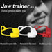Three jaw trainer devices in yellow, white, and red with a blurred person in the background.