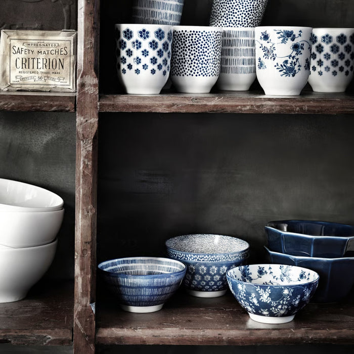 IKEA ENTUSIASM 14-Piece Tableware Set - Patterned Blue Bowls, Plates & Mugs