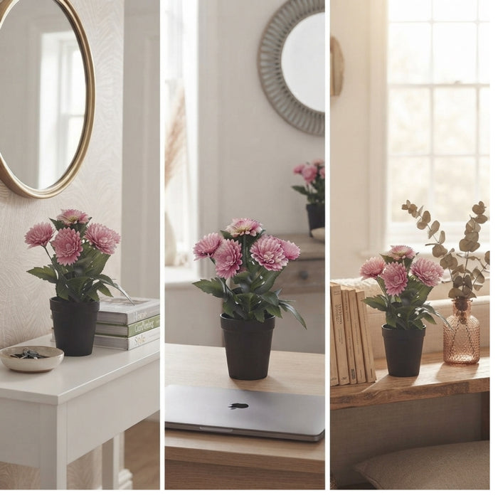 IKEA FEJKA artificial plant styled on desk beside books and mirror