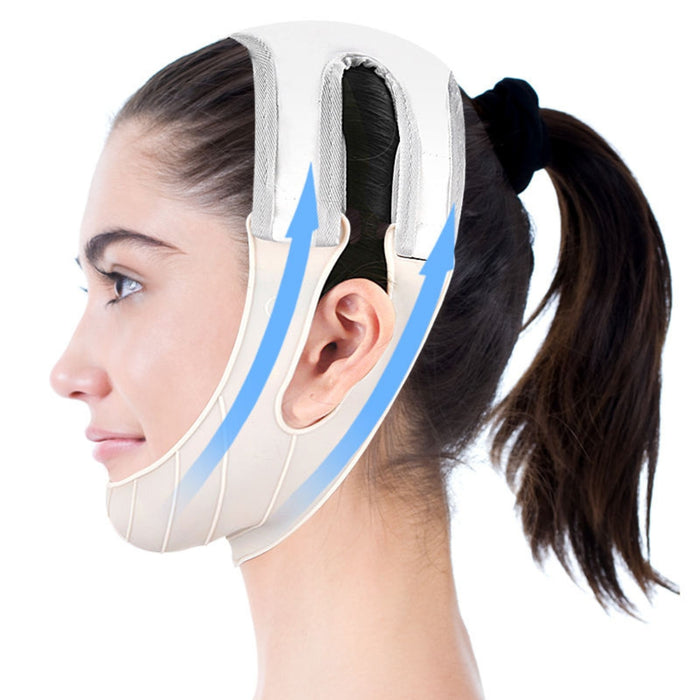 Digital Shoppy chin strap side profile showing lifting arrows for jawline contour

