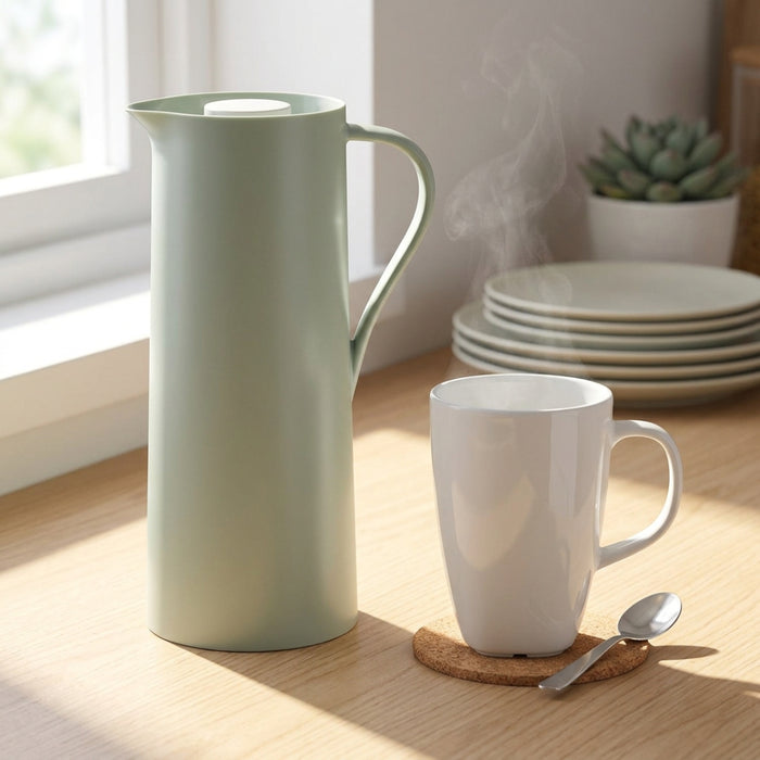 IKEA Beverage Set - BEHOVD Vacuum Flask (1L, Light Green/Beige) & VÄRDERA White Ceramic Mugs (4-Pack, 30cl)