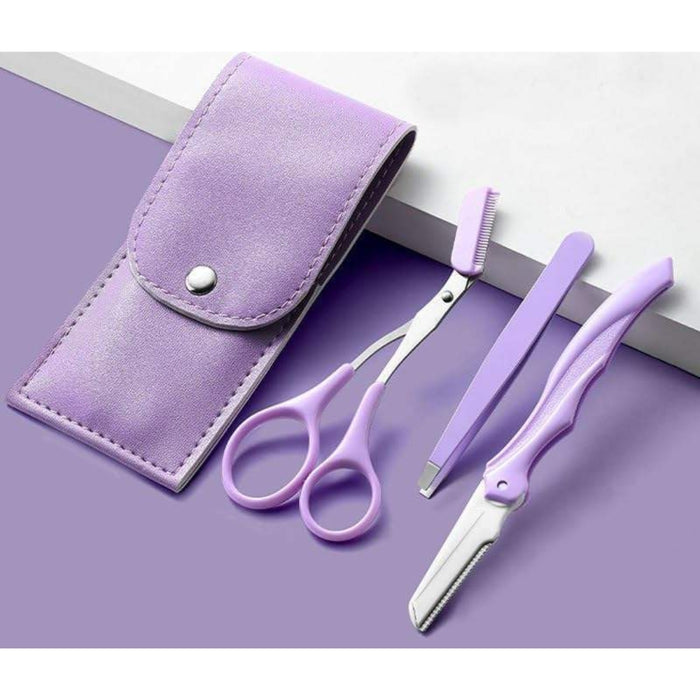 Eyebrow grooming kit purple pouch scissors tweezers razor displayed on purple surface