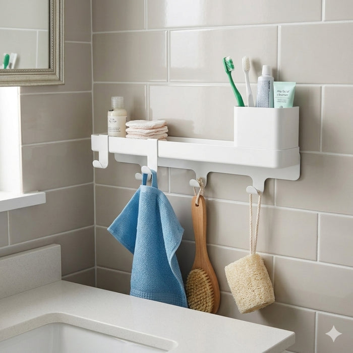 IKEA ALTARLIDEN Hook Rack with Shelf (White) + VINARN Washcloths 2-Pack (Blue) – Bathroom & Entryway Set