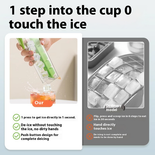 Ice cube tray with freshly frozen cubes inside clear storage box