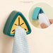 Triangle-shaped towel and rag holder with a close-up of a hand holding a white towel.