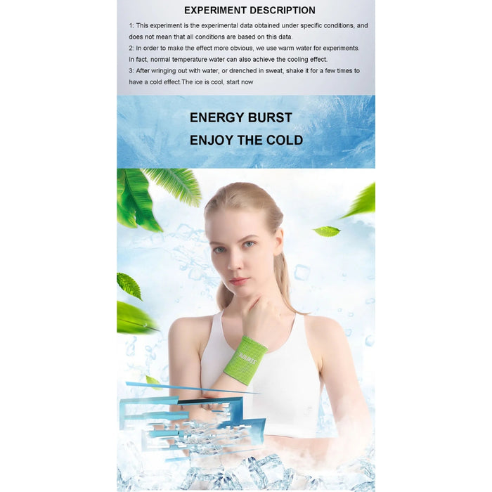 Person in white tank top wearing a green cooling wristband on left wrist—background features ice cubes, water droplets, and green leaves; overlaid text describes experimental disclaimers, explains cooling process triggered by water and shaking, and includes bold callouts “ENERGY BURST” and “ENJOY THE COLD” – 1598448414242 12718537.