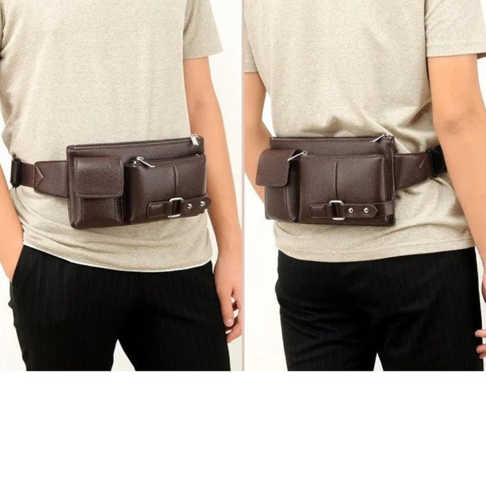 Person wearing brown leather waist bag with multiple compartments, shown from front and back – 1600007588949 14145394