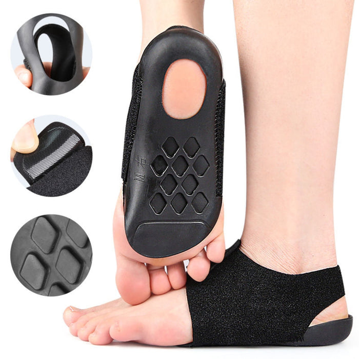 Black foot support device being worn on a foot with close-up insets showing texture and design details.