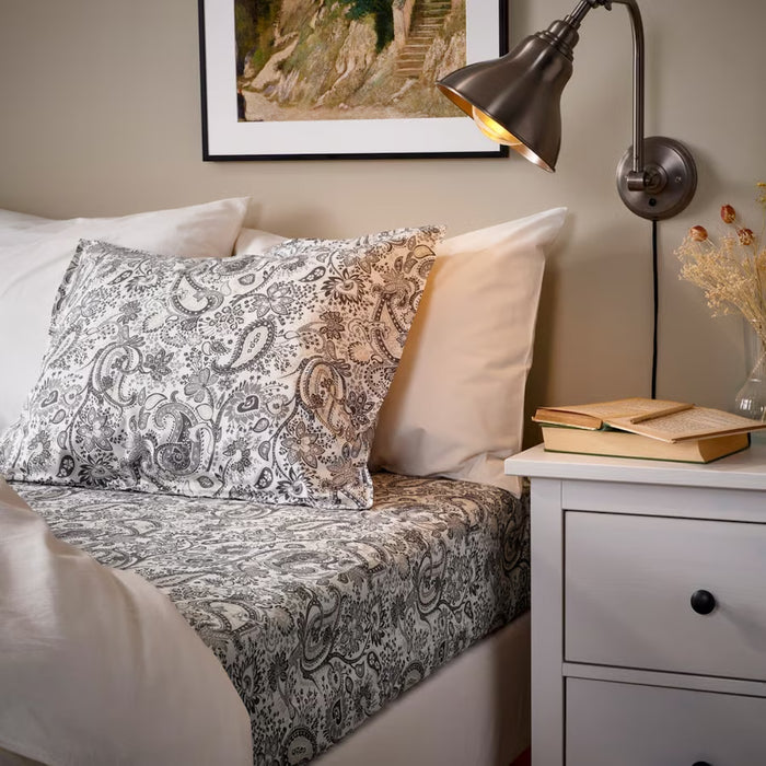 IKEA RODGERSIA Bedding Set - Grey/White Flat Sheet (150x260 cm) & Matching Pillowcase (2-Pack, 50x80 cm)