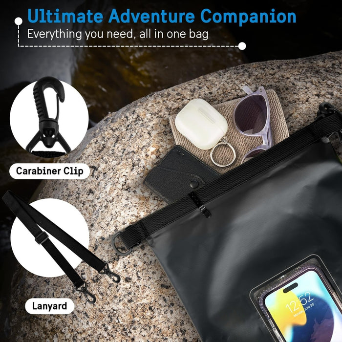 Black waterproof bag with carabiner clip, lanyard, and phone case on a stone surface.