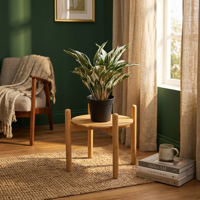 IKEA DAKSJUS Plant Stand Bamboo 28 cm with FEJKA Artificial Potted Plant Calathea 15 cm — Stylish Green Décor Combo