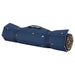 Rolled-up SANDLÖPARE mat with carrying strap, dark blue fabric with yellow and white dot pattern for portability