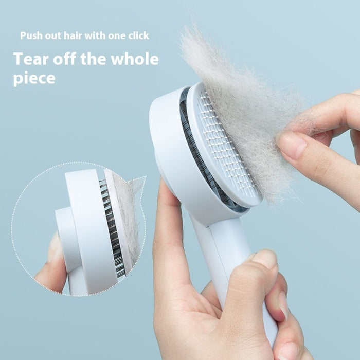 Blue pet needle comb hair remover brush for dogs and cats with self-cleaning function. Features fine metal bristles for effective grooming and a massage effect. Push-button mechanism allows easy fur removal, as demonstrated in the image. Comfortable grip for effortless handling-
160000416583610096546
