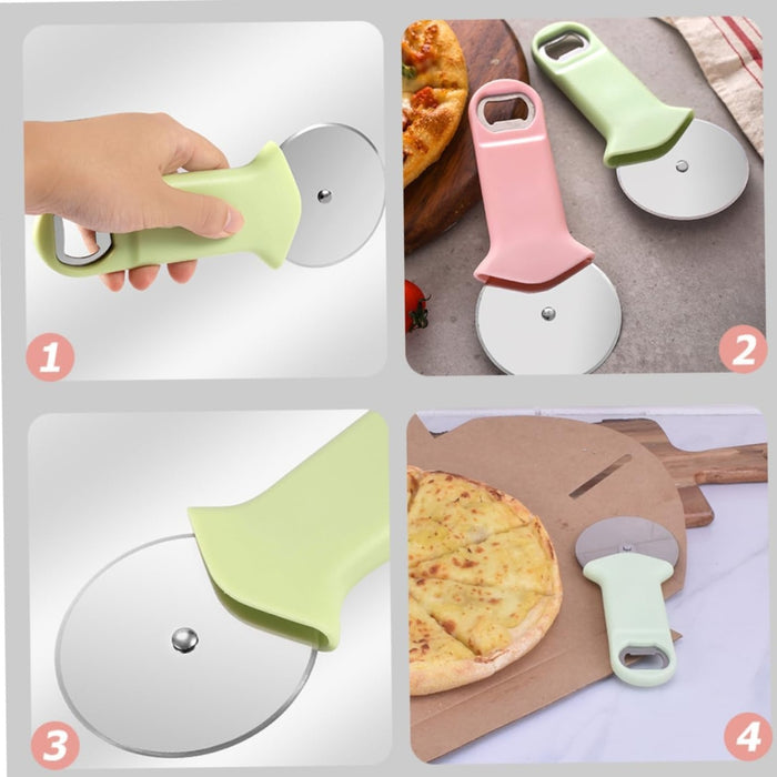 Four-photo collage showing pizza cutter with bottle opener used for slicing and serving – ergonomic grip and stainless steel blade – 1600000037418 14006653