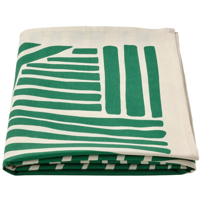 Ikea NÄBBFISK Tablecloth, Patterned Off-White/Dark Green, 145x240 cm with VIKFJÄRD Washcloth, white, 30x30 cm