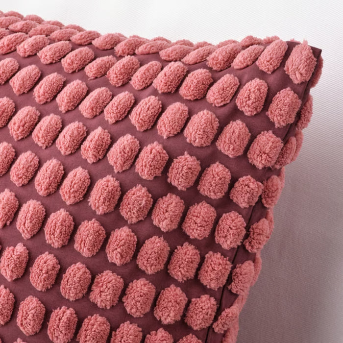 SVARTPOPPEL cushion cover, light red, 65x65 cm – close-up of raised oval tufted texture in grid pattern on darker pink base, soft cotton blend with hidden zipper – 90543026.