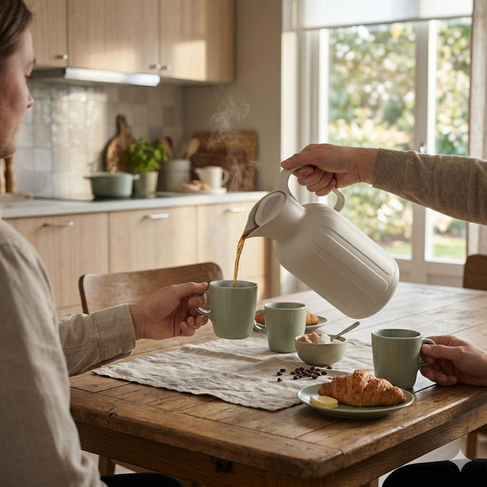 IKEA Family Beverage Set - TAGGÖGA Vacuum Flask (1.6L, Off-White) & FÄRGKLAR Matt Green Mug, 37cl (4-Pack)