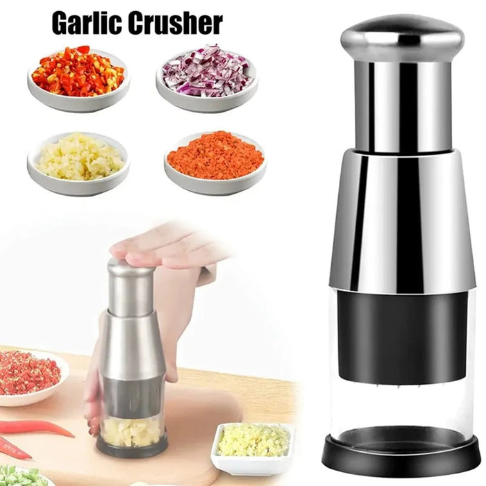 Garlic crusher in use with hand pressing down; four small bowls display chopped garlic, onion, carrots, and red pepper—kitchen prep tool, 16 cm – 1600000766929 13074717.