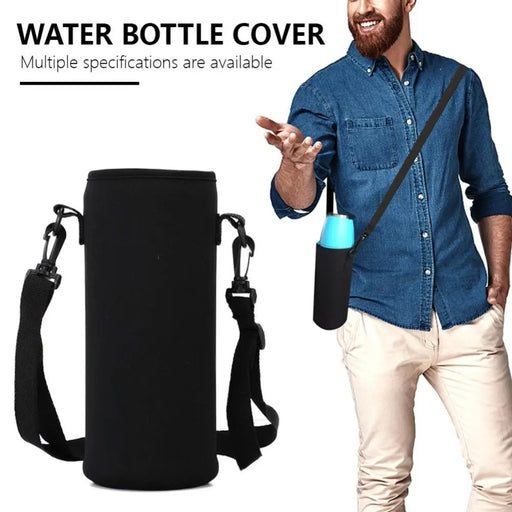 Digital Shoppy insulation cup strap cover – black bottle cover with strap, shown worn crossbody with blue bottle

