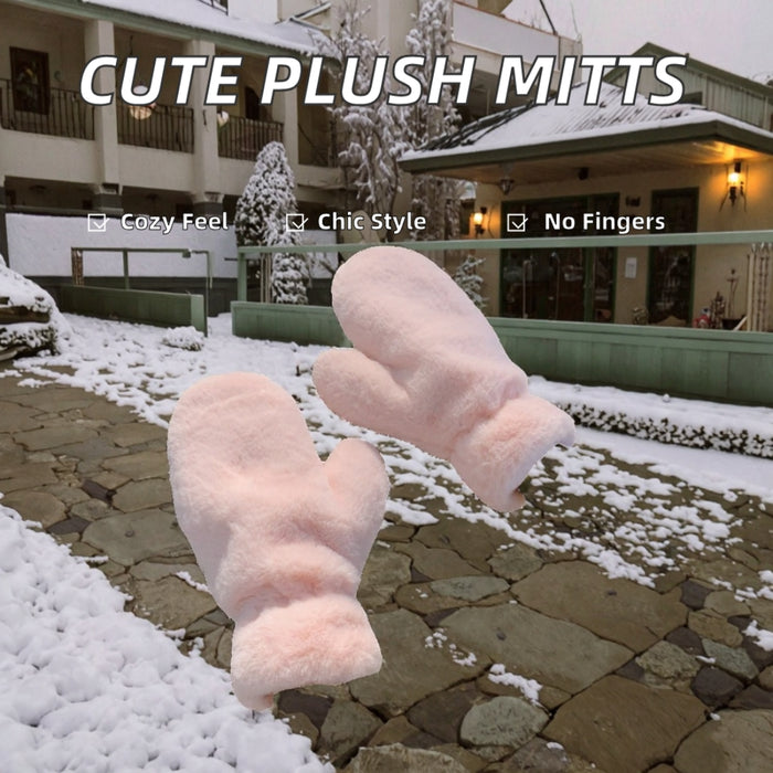cute plush pink gloves floating in snowy town background