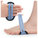 Person wearing a blue foot strap on a white background