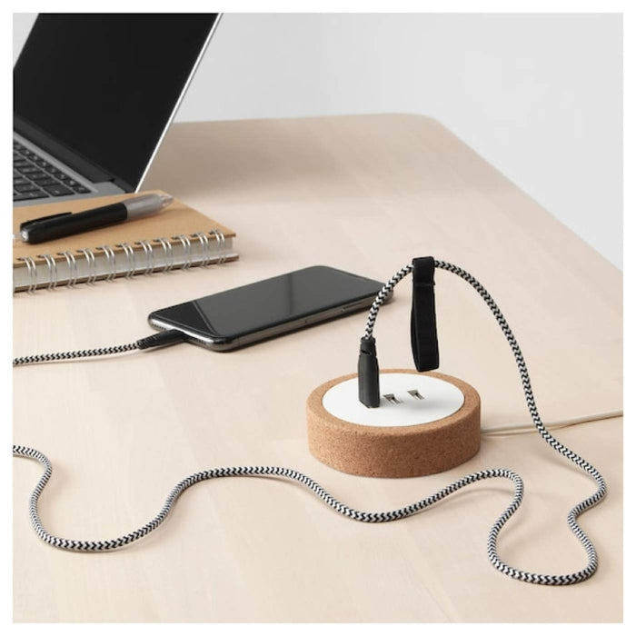 IKEA Charging Set- NORDMÄRKE USB Charger (White/Cork) & LILLHULT Heavy-Duty USB-A to Micro-USB Cable (1.5m, Dark Grey)