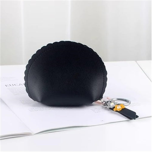 Digital Shoppy coin key case – compact faux leather purse with yellow, white, and gray flower embellishments and keychain ring

